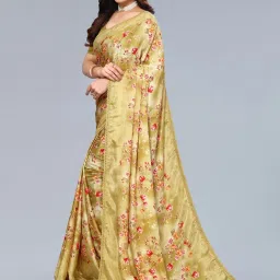 Satrani Yellow Floral Print Saree With Unstitched Blouse image 3