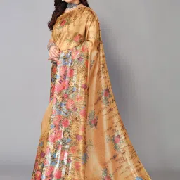 Satrani Brown Floral Print Saree With Unstitched Blouse image 3