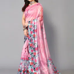 Satrani Pink Floral Print Saree With Unstitched Blouse image 3