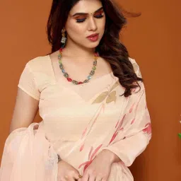 Satrani Cream Floral Print Saree With Unstitched Blouse image 3