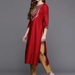Indo Era Red Embroidered Straight Kurta image 3