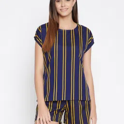 Clovia Navy & Yellow Striped Top With Shorts image 1
