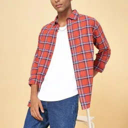 YU by Pantaloons Burnt Orange Cotton Slim Fit Checks Shirt image 3