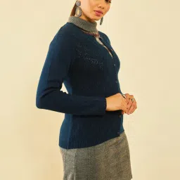 Soch Blue Acrylic Patterned Knit Round-Neck Cardigan with Ribbed Hems image 3