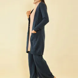 Soch Navy Blue Acrylic Pointelle Knit Open-Front Longline Shrug with Pockets image 3