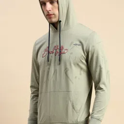 showoffff SHOWOFF Olive Cotton Slim Fit Printed Hooded Sweatshirt image 3