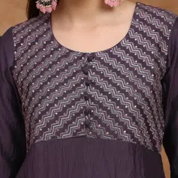 Globus Women Purple Embroidered Yoke A-Line Kurta With Wide Leg Pants & Dupatta Festive Set image 4