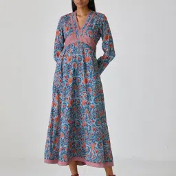 Ancestry Multi 100% Cotton Print 3/4Th Sleeve Maxi Dress-picture-16