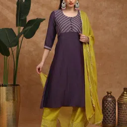 Globus Women Purple Embroidered Yoke A-Line Kurta With Wide Leg Pants & Dupatta Festive Set-image-31