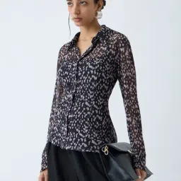 Wardrobe by Westside Black Abstract Printed Mesh Shirt with Inner-image-1