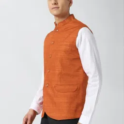 Peter England Orange  Regular Fit Self Pattern Nehru Jacket image 3