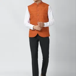 Peter England Orange  Regular Fit Self Pattern Nehru Jacket image 5