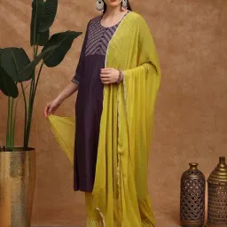 Globus Women Purple Embroidered Yoke A-Line Kurta With Wide Leg Pants & Dupatta Festive Set image 3