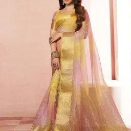 Satrani Yellow &Light Pink Tie-Dye Saree With Unstitched Blouse-picture-26