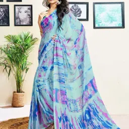 Satrani Mint Blue Printed Saree With Unstitched Blouse-picture-28