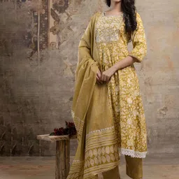 SINGNI Women Floral Printed Regular Pure Cotton Kurta with Trousers & With Dupatta-picture-49