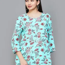 Melange by Lifestyle Aqua Blue Floral Print A Line Kurti-image-1