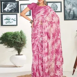 Satrani Dark Magenta & Light Pink Floral Print Saree With Unstitched Blouse-picture-27