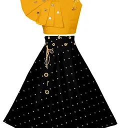 Sangria Girls Polka Dot Printed Mirror Work Round Neck Lehenga With Choli-image-72