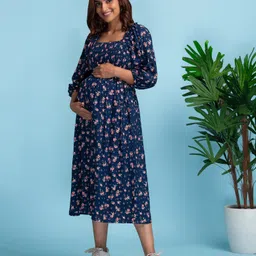 Bella Mama Three Fourth Sleeves Maternity Dress Floral Print - Navy Blue-picture-22
