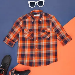 Pantaloons Junior Full Sleeves Tartan & Window Pane Checked Shirt - Orange-image-11