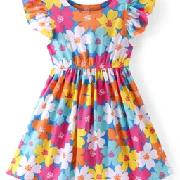 Babyhug Single Jersey Knit Half Frill Sleeves Floral Printed Frock - Multicolor-picture-21