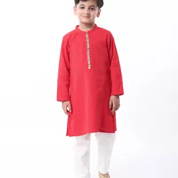 Babyhug Cambric Woven Solid Kurta Pyjama Set With Floral Embroidery - Red-picture-17