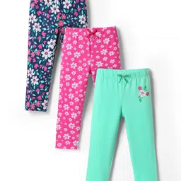 Babyhug Cotton Knit Full Length Leggings with Floral Print Pack of 3 - Pink Sea Green & Navy Blue image 1