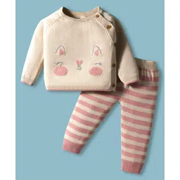 ToffyHouse 100% Knitted Cotton Full Sleeves Kitten Design T-Shirt & Striped Leggings Winter Wear Suit - Light Pink & Beige-picture-12