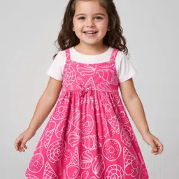 Babyhug Cotton Knit Half Sleeves Inner T-Shirt & Frock with Ice-Cream Print - Dark Pink & White-picture-21