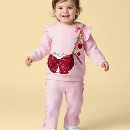Babyoye 100% Cotton Knit Full Sleeves Winter Wear T-Shirt & Lounge Pant Set With Sequin Detailing & Bow Print - Pink-image-75