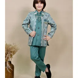 BT DEZINES Satin Woven Solid Sherwani Trouser With Full Sleeves Geometric Embroidered Jacket & Necklace Set - Sea Green-picture-27