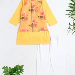 The Magic Wand Cotton Woven Full Sleeves Solid Kurta & Pyjama With Floral Printed Jacket Set - Yellow-image-69