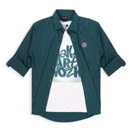 Charchit Cotton Woven Full Sleeves Striped Shirt & Tee Set - Turquoise-picture-23