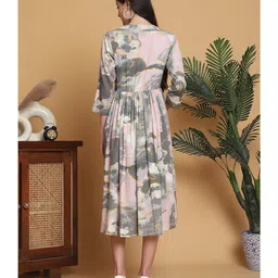 Moms Maternity Cotton Blend Woven Three Fourth Sleeves Abstract Printed Maternity Dress With Front Open Nursing Access - Grey image 3