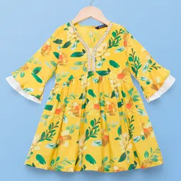 Pine Kids Woven Three Fourth Sleeves Kurti Gharara & Dupatta Set with Floral Print - Yellow image 2