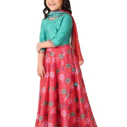 Fabindia Kids Blue & Red Floral Print Lehenga, Choli with Dupatta image 3