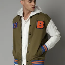 Breakbounce Taika Varsity Olive Regular Fit Printed Oversized Bomber Jacket image 3