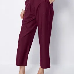 Cover Story Wine Linen Regular Fit High Rise Trousers image 3