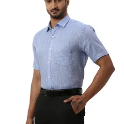 Park Avenue Blue Linen Regular Fit Self Pattern Shirt image 3