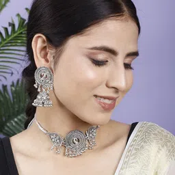 PUJVI Stone Studded Oxidised Jewellery Set image 3