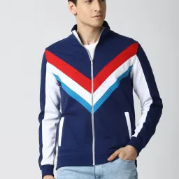 Peter England Blue & White Regular Fit Colour Block Sweatshirt image 1