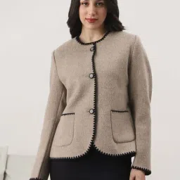 Globus Women Brown Round Neck Embroidered Detail Self Design 2 Pockets Winterwear Overcoat-image-64
