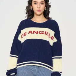 Sf Jeans By Pantaloons Navy Loose Fit Color-Block Sweater-image-64
