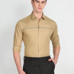 Arrow Khaki Cotton Slim Fit Striped Shirt-picture-8
