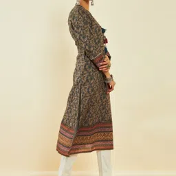 Soch Earth Poly Cotton Kalamkari Print Straight Kurta with Tassels image 3