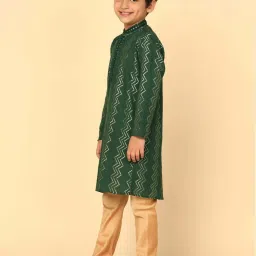 KISAH Kids Green & Golden Embroidered Full Sleeves Kurta Set image 3