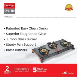 Prestige GTSB-03 Svachh Black Toughened Glass Top Gas Stove With 3 Brass Burners image 3