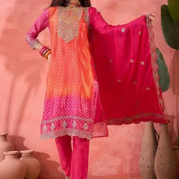 Maroosh Bandhani Embroidered Round Neck Sequinned Chinon Kurta With Pyjamas & Dupatta-picture-13