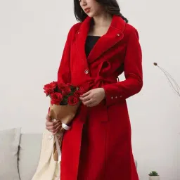 Globus Women Red Shawl Collar Long Sleeves Solid 2 Pockets Winterwear Trench Coat With Belt-image-80